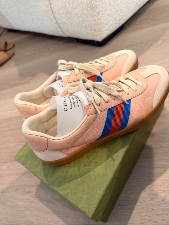 Gucci Shoes - Gucci Women’s Pink Leather Web Stripe Sneakers Size 40 EU / US 10 - New With Box